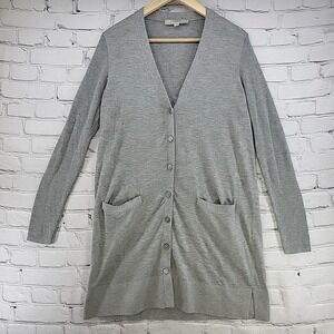 Loft Sweater Womens Sz L Wool Blend Gray Button Up Cardigan Long Length